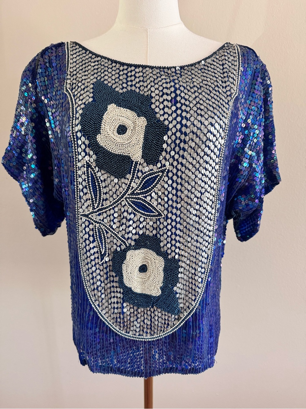 Vintage 1980s Beaded Sequin Floral Top - 100% Silk